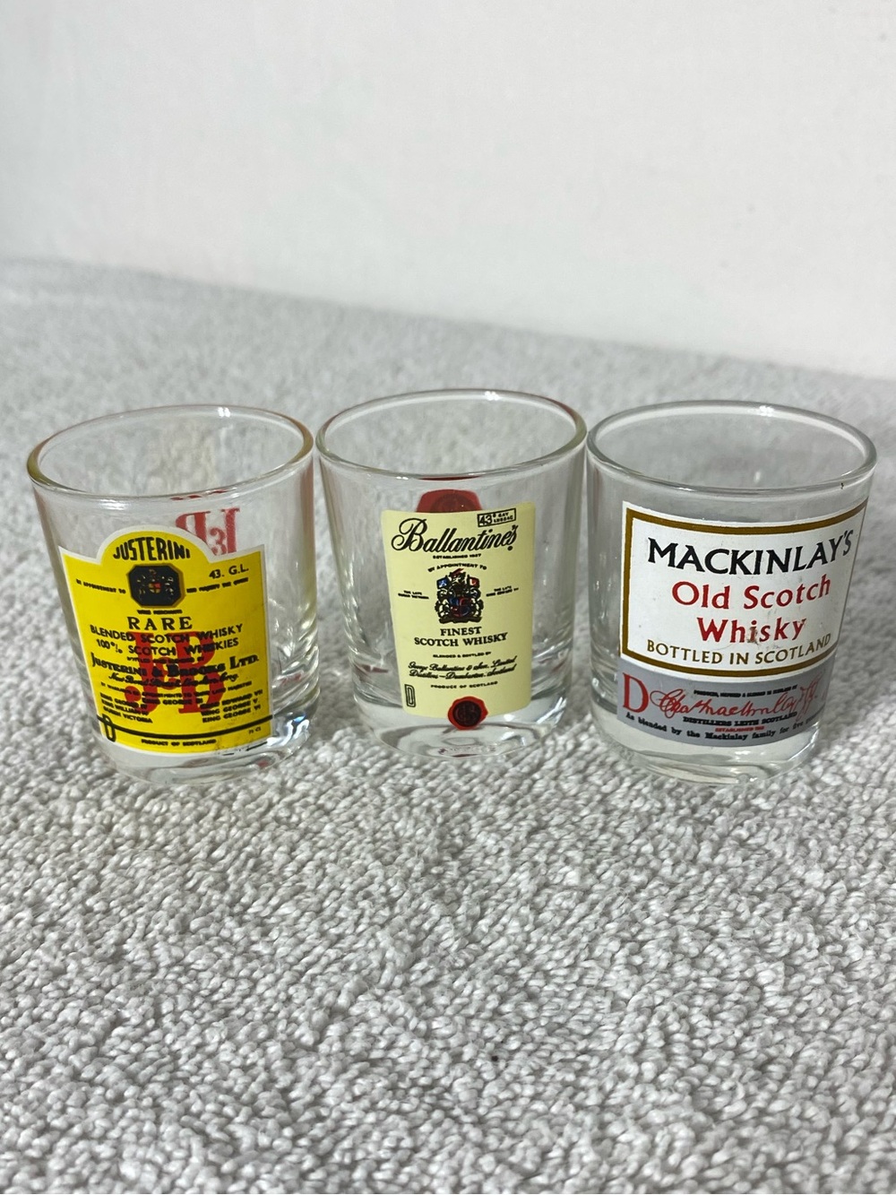 Vintage MCM Barware Scotch Whisky Shot Glasses J&B Rare Ballantine’s Mackinlay’s